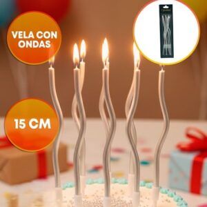 Vela Metalizada c/ondas Plateadas 15×0,5cm x 12 un