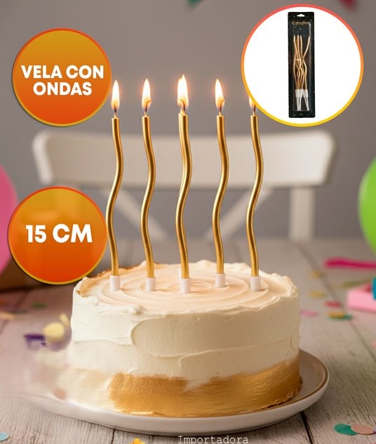 Vela Metalizada c/ondas Dorada 15x0,5cm x 12 un