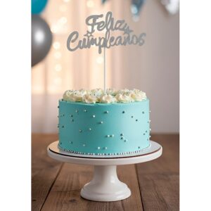 Cake Topper Gibreado Feliz Cumpleaños Cursiva Plateada «LC»