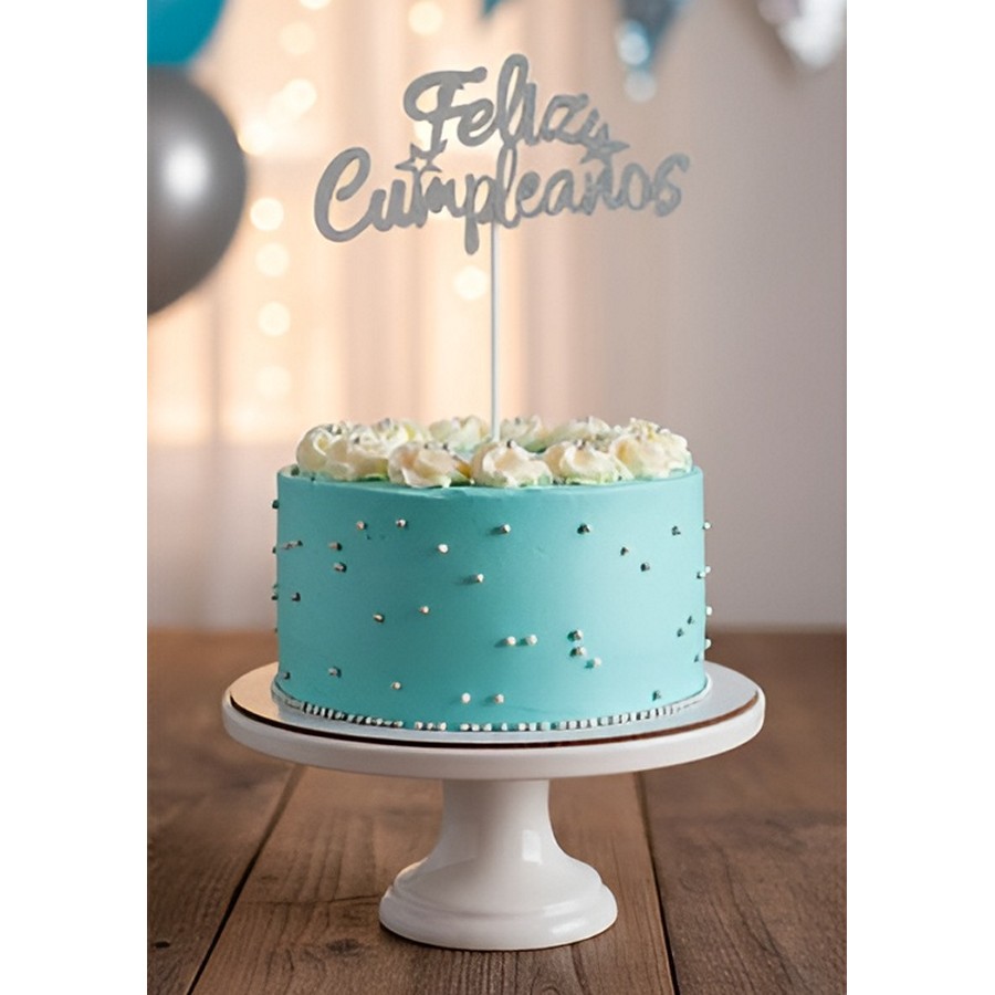 Cake Topper Gibreado Feliz Cumpleaños Cursiva Plateada "LC"
