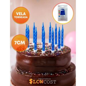 Vela Metalizada Torneada c/Portavelas Azul «LC» 7cm x 10un.