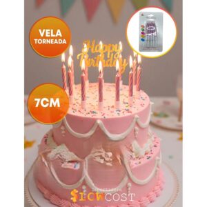 Vela Metalizada Torneada c/Portavelas Rosa «LC» 7cm x 10un.