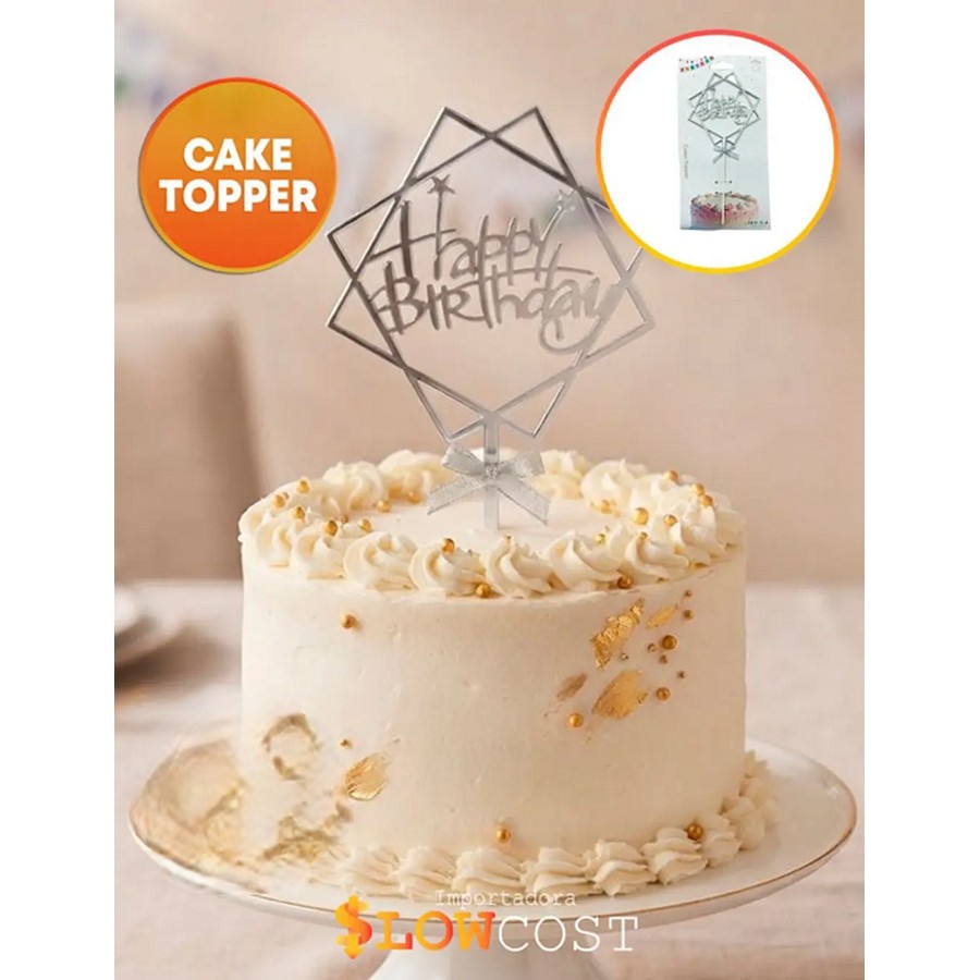 Cake Topper Happy Birthday Hexagonal Plata "LC"
